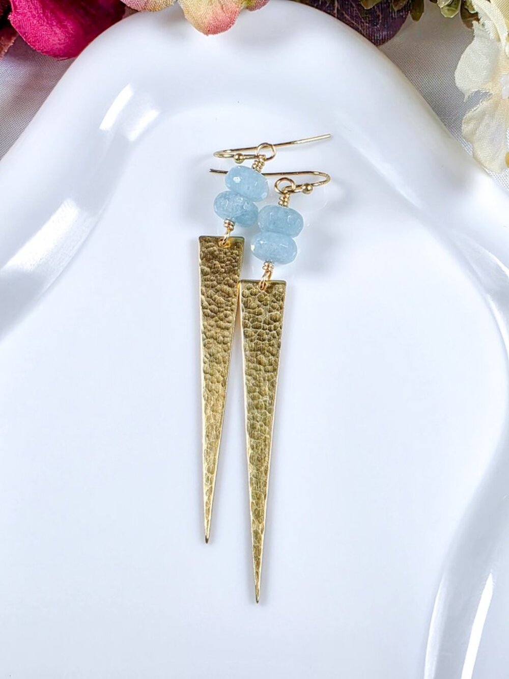 Aquamarine & Hammered Brass Spike Earrings